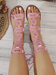 Giày sandal nữ mùa hè mới, cao cổ, hở mũi, buộc dây, khoét lỗ, đính đinh tán, thoải mái, thời trang, kiểu La Mã, giày đi biển. - Hồng - Xem 3