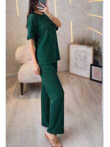 Conjunto Mujer 2 Piezas Casual Elegante, Playera Oversize Manga Corta y Pantalón Recto Tiro Alto, Set Cómodo en Tela Acanalada para Primavera Verano Minimalista Set dos piezas panatalon holgado comodo top playera dama mujer manga corta cómodo holgado diario casual suelto conjunto fresco chic versátil - Verde - Ver 2