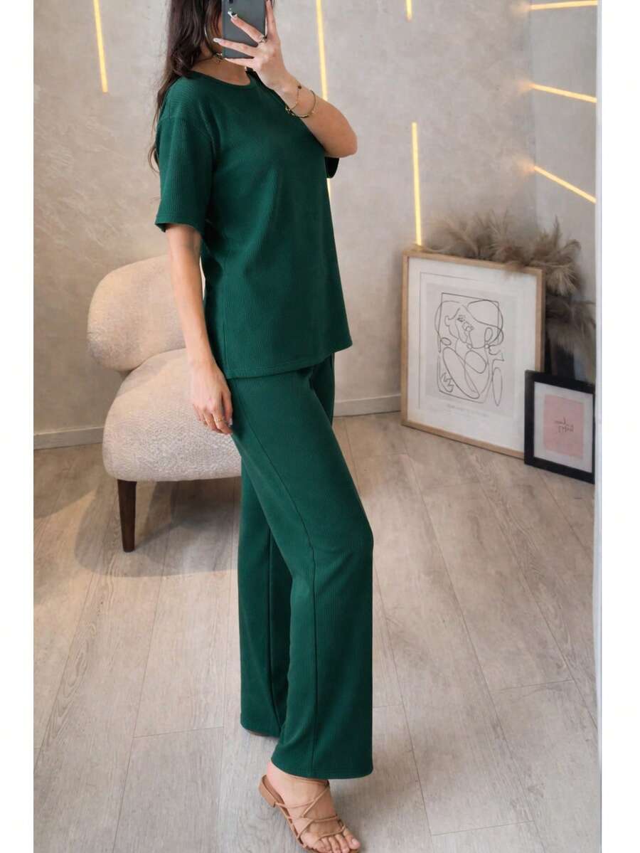 Conjunto Mujer 2 Piezas Casual Elegante, Playera Oversize Manga Corta y Pantalón Recto Tiro Alto, Set Cómodo en Tela Acanalada para Primavera Verano Minimalista Set dos piezas panatalon holgado comodo top playera dama mujer manga corta cómodo holgado diario casual suelto conjunto fresco chic versátil