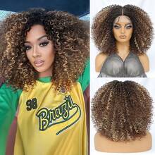 Peruca sintética afro cacheada curta ombré castanha com renda frontal de 14 polegadas, repartição em T, mechas baby hair e efeito volumoso para mulheres. - Multicolorido - Ver 2