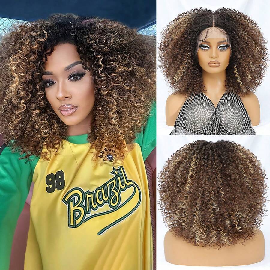 Peruca sintética afro cacheada curta ombré castanha com renda frontal de 14 polegadas, repartição em T, mechas baby hair e efeito volumoso para mulheres.