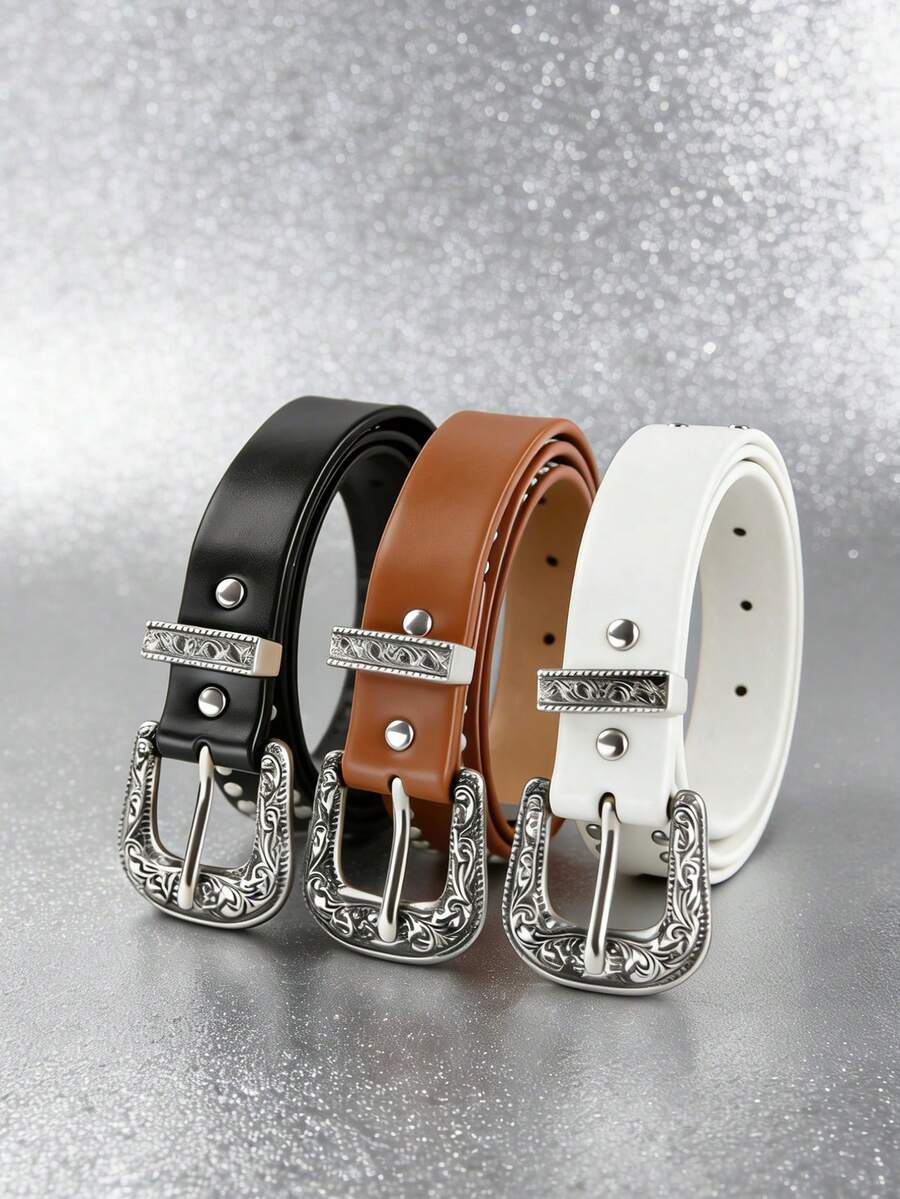 1 pieza Cinturón de cuero negro estilo vaquero americano retro para hombre, hebilla con remaches plateados en relieve de doble hilera y acabado envejecido, ideal para ropa urbana, conciertos, festivales, uso diario y como regalo.
