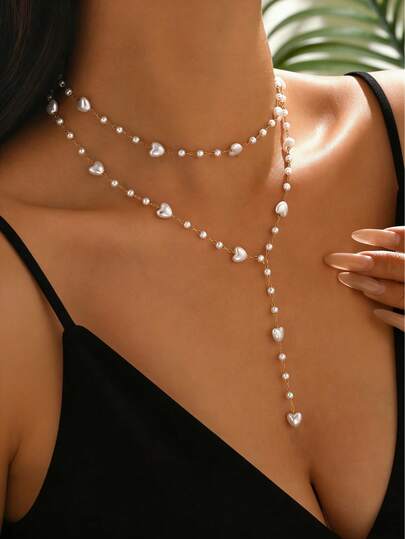 2pcs/Set Romantic Pearl Decor Necklace, Heart-Shaped Pearl Necklace, Adjustable Clavicle Chain And Minimalist Y-Shaped Necklace, Suitable For Daily Wear And Parties, Handmade, Excellent Valentine's Day Gift