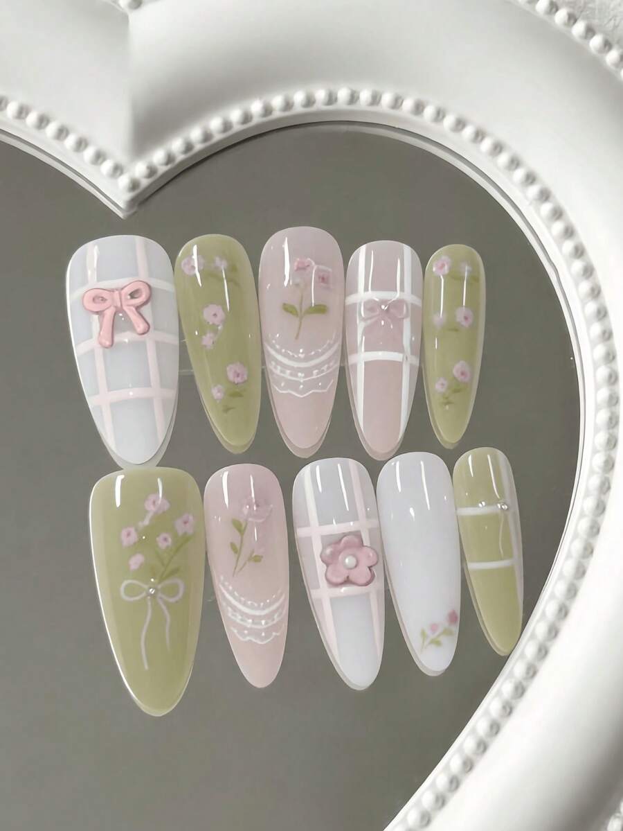 10片装春季花卉美甲贴，杏仁形中长款，花卉格纹蝴蝶结设计，百搭优雅，适合生日和约会，包含果冻胶和指甲锉。 - 粉色 - 查看 1