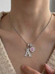 1 chiếc vòng cổ mặt dây chuyền kép hình vương miện Y2K cá nhân hóa chữ cái đầu A-Z và trái tim màu hồng đính đá CZ, dây chuyền hạt cườm bằng thép không gỉ màu bạc, thích hợp cho nữ và bé gái, đeo hàng ngày trong mùa hè, đi biển, quà sinh nhật, kỷ niệm, Ngày của Mẹ, quà tặng tình bạn. - Bạc - Xem 2