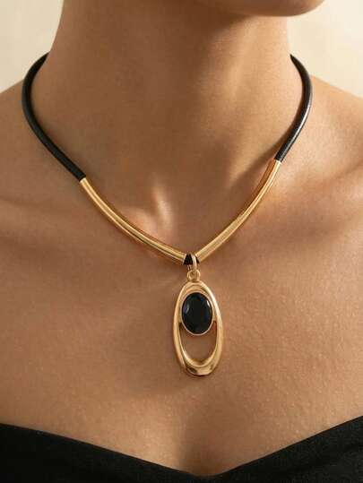 1件复古黑色绳索几何椭圆吊坠项链，时尚优雅的女士珠宝，适合日常、节日、送礼、度假、派对佩戴
