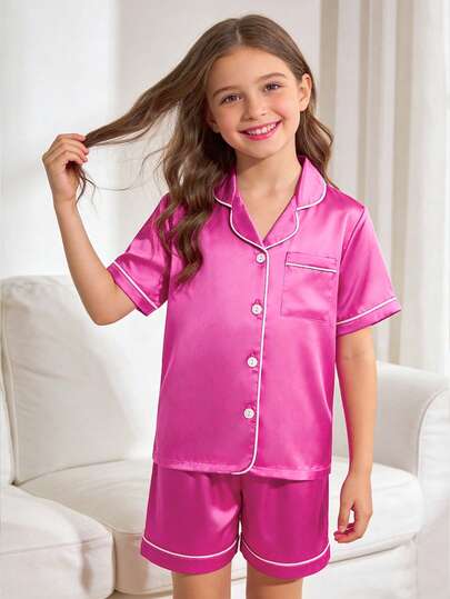 2-częściowy różowy komplet piżamowy dla nastolatek: koszulka z krótkim rękawem i spodenki