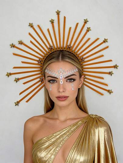 1/2 chiếc vương miện kim loại vàng hình Vua Mặt Trời, phụ kiện đội đầu nữ thần, vương miện hoàng hậu, băng đô cưới hình hoa hồng, kèm theo hình dán kim cương, trang phục nữ thần Mặt Trời, cosplay, đạo cụ trang trí lễ hội.
