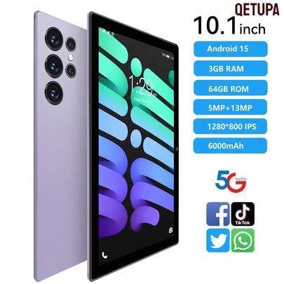 Qetupa 10.1-Inch Android 15 Z50 Tablet PC, 3GB RAM + 64GB ROM, MTK 6755 Octa-Core 1.8GHz Processor, HD (1280x800) IPS Touchscreen, 5MP Front Camera And 13MP Rear Camera, 6000mAh Large Battery, No SIM Card Slot, Supports Reading And Gaming. Lightweight And Durable Design With Reinforced Glass, Enjoy Entertainment Anytime Anywhere (Adapter Not Included)