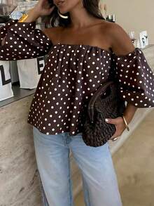 Women's Polka Dot Contrast Color Pleated Off-Shoulder Top, Suitable For Beach And Daily Wear, Spring/Summer - Coffee Brown - View 2