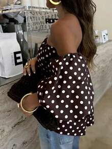Women's Polka Dot Contrast Color Pleated Off-Shoulder Top, Suitable For Beach And Daily Wear, Spring/Summer - Coffee Brown - View 5