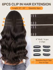 DOORES 6 PIEZAS (Con 12 Clips) Extensiones de cabello humano con clip 12-24 pulgadas, extensiones de cabello humano Remy sin costuras con doble trama, para uso diario de mujeres, para agregar volumen y longitud, para un aspecto natural - S2A - Ver 3