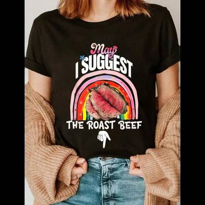 Camiseta 2026 100% algodão com a frase "Posso sugerir o rosbife?" que gera desconforto.