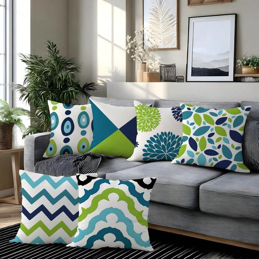 6 pièces Housses de coussin modernes minimalistes à imprimé floral géométrique bleu et vert [sans insert de coussin], 17,7*17,7 po (45*45 cm)/19,69*19,69 po (50*50 cm)/15,75*15,75 po (40*40 cm), [impression unilatérale] Taies d'oreiller en polyester pour la décoration moderne de la maison pour le canapé, le lit, le salon, la chambre, la voiture, le bureau, l'hôtel, toutes les saisons, cadeau parfait pour la famille et les amis