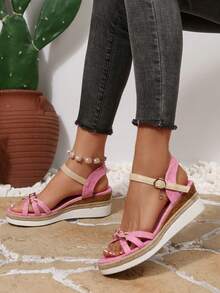 Sandalias de plataforma con borde de cuerda de lino rosa claro versátiles, adecuadas para el uso diario y al aire libre - Rosa - Ver 6