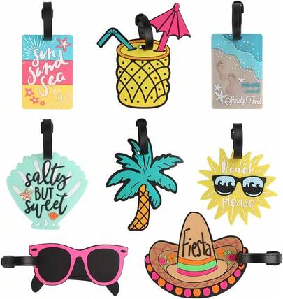 Pack Of 8 Luggage Tags, PVC Luggage Tags With Name And Address Tag, Identification, Cute Beach Series, Travel Luggage, Holiday, Cartoon ID Tags Labels For Men, Women (8 Styles)