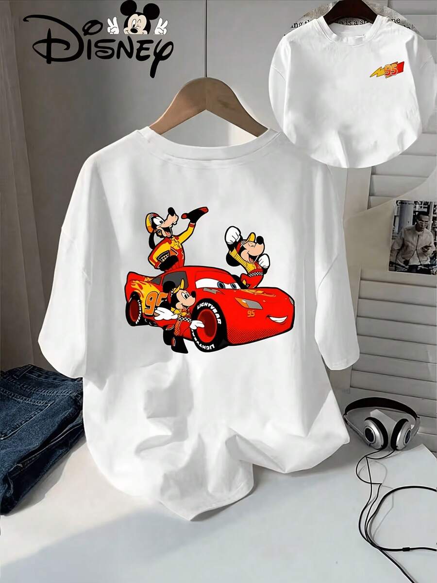 Authentic Disney Mickey Mouse And Goofy Drive Racing Patterns, As Well As Designs Featuring The 95 And Lightning Logos. Disney's New Summer Short Sleeved T-Shirt Top For Women, Featuring Casual And Fashionable Printed T-Shirts, Disney Shirt, Disney Shirts, Summer Outfits For Women, Spring Outfits For Women, Officially Licensed Disney T-Shirts, Disney Men's And Women's Spring/Summer Fashion Casual Short-Sleeve T-Shirts - White - View 1