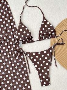 2026 Women's 3-Piece Polka Dot Printed Bikini Set, Halter Neck Design, Side Tie, Mesh Cover-Up Pants, Cute Casual Backless Swimsuit For Valentine's Day, Spring/Summer Beach Vacation - 棕色 - 查看 7