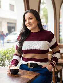 Women's Basic Striped Knit Sweater, Long Sleeve, Comfortable, Soft, Casual, Elegant, Woolen Winter Sweater - Bờ rìa - Xem 4