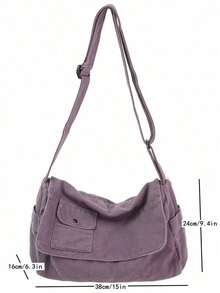 Vintage Minimalist Flip Cover Shoulder Bag Thick Washed Canvas Bag Casual Versatile Large Capacity American Messenger Bag College University Student School Backpack Short Trip Travel Bag Simple Street Style Multi-Pocket , Purple - 黑色 3 - 查看 8