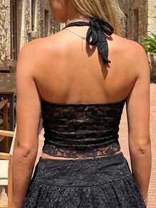 Women's Y2K Lace Halter Tops Sexy See Through Tank Crop Top Going Out Tops Basic Camisole Tops Streetwear - 黑色 - 查看 10