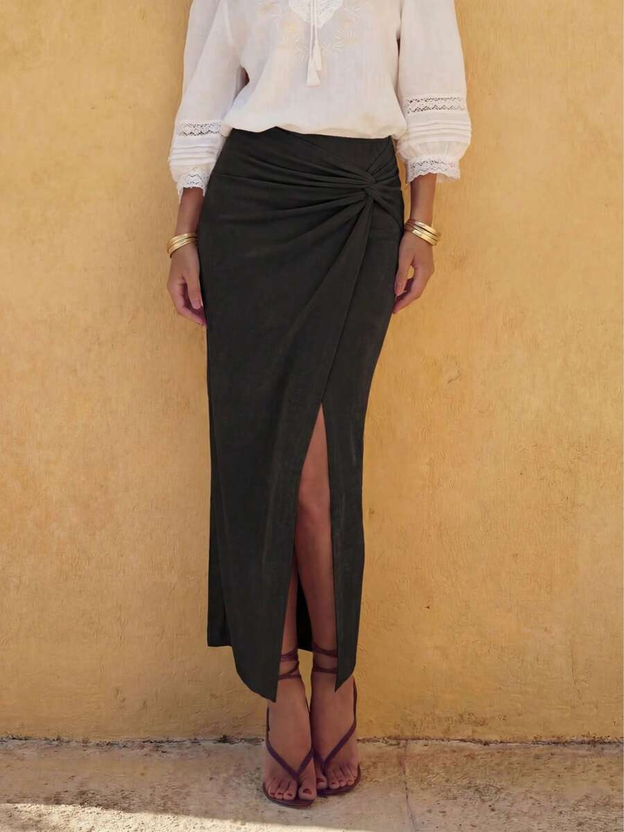 魅力四射的Floreya法式高腰扭褶交叉设计腰部开衩修身中长铅笔裙，优雅迷人 - 黑色 - 查看 1