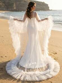 1件装时尚婚礼披肩，宽褶边长拖地礼服配饰，派对晚宴T台披风 - 彩色 - 查看 1