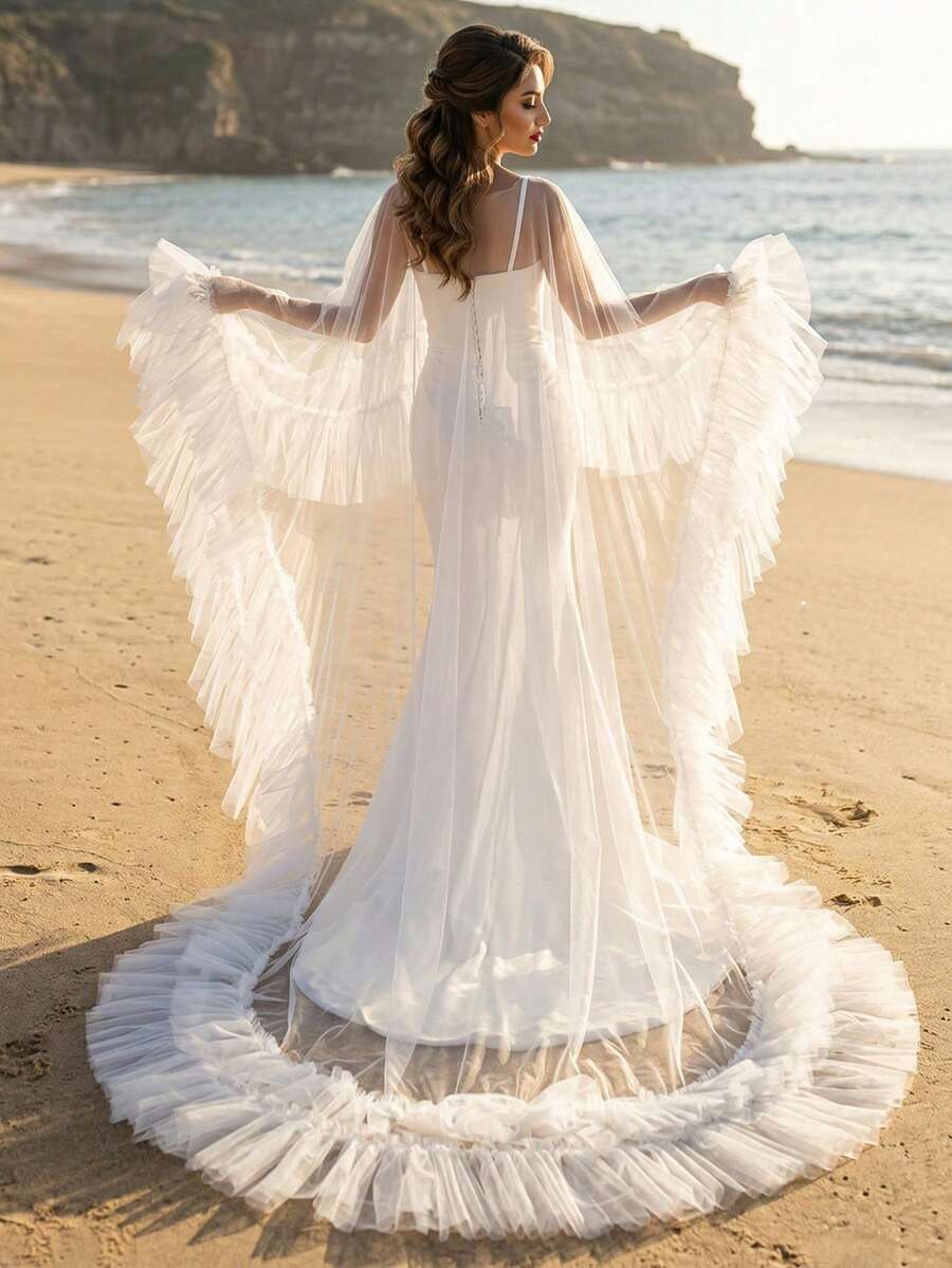 1件装时尚婚礼披肩，宽褶边长拖地礼服配饰，派对晚宴T台披风 - 彩色 - 查看 1