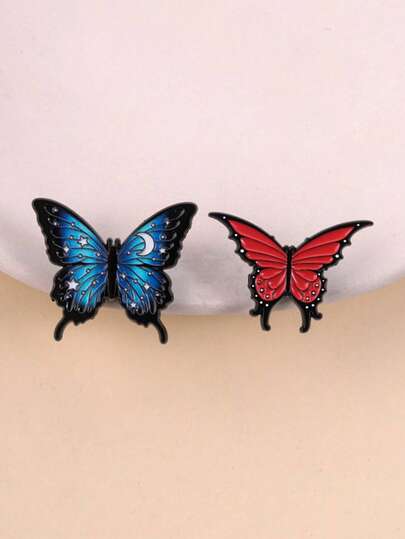 Bộ huy hiệu tráng men hình trăng lưỡi liềm và bướm, thiết kế bướm sao trăng xanh và bướm lửa đỏ, ghim cài áo phong cách huyền bí, tương phản gradient, thích hợp để cài lên quần áo, ba lô, lý tưởng cho những người đam mê huyền thuật và yêu thích thẩm mỹ u tối.