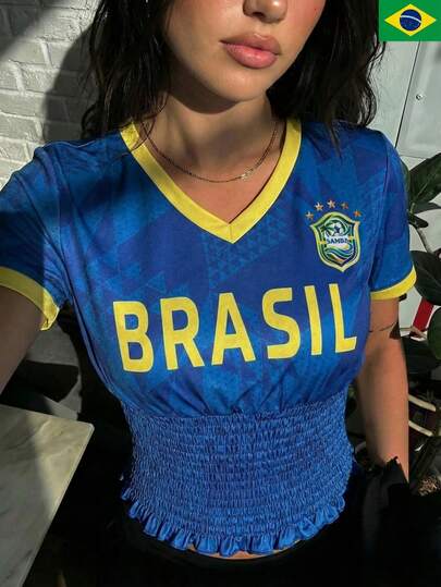Women's Casual Brazil Jersey Mesh V Neck Shirred Lettuce Trim T-Shirt For Summer Spring,Allover Print Flag,Blokette Blokecore,Cooling Breathable,Summer Spring Outfits,Summer Spring Tops,Summer Spring Clothes,Going Out Tops,Sporty Chic,Essential For Match Day,Game Day Outfit,Football Soccer Festival,Football Soccer Watch Party,Football Soccer Game Day Outfits For Women,Summer Tops,Going Out Tops Women