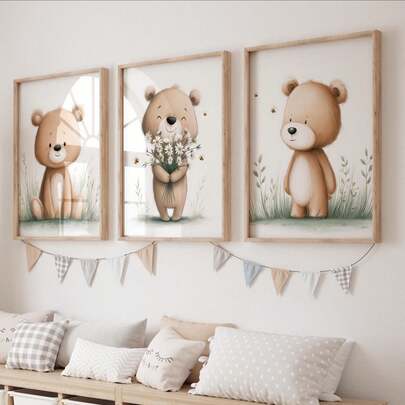 Bộ 3 tranh canvas treo tường, in hình gấu bông, ong và hoa dại, thích hợp trang trí phòng trẻ em, phong cách boho trung tính, tranh hoạt hình động vật cho phòng trẻ sơ sinh, phòng tắm, phòng chơi.