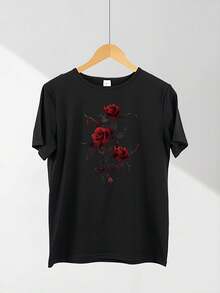 Blusas femininas de verão Plus Size - Tamanhos grandes - Camiseta feminina plus size com estampa de rosas, gola redonda, tamanhos 0XL a 8XL, em algodão. - Preto - Ver 3