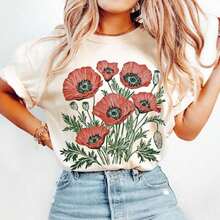 Poppies Linocut Shirt, Floral Linocut Shirt, Vintage Boho Poppies Tee, Cottagecore Wildflowers T-Shirt, Birthday Gift, 100% Cotton Women Oversized T-Shirts, Women Printed Casual Round Neck Short Sleeve Tee Women Tops, 1pcs Fashion Shirt-Unisex Loose - Fit Comfortable Vintage Street - Style Cotton T - Shirt Top - 白色 - 查看 2