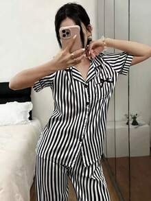 Dreamivo 2件套黑色经典条纹蝴蝶结口袋短袖裤女士睡衣家居服 - 黑色 - 查看 3