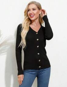 Women's Long Sleeve Button Up Cardigan Sweaters Ribbed Knit Open Front Casual - 綠色 - 查看 7