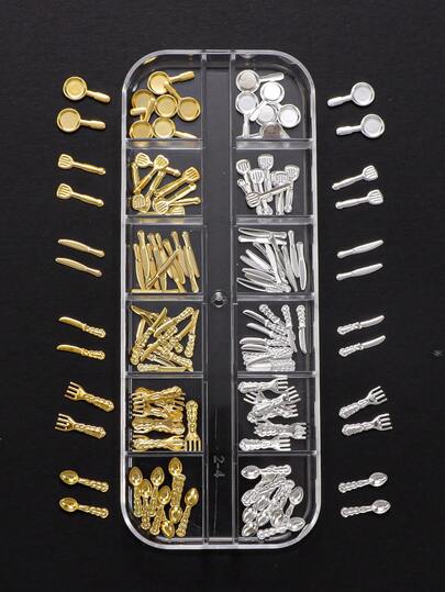 12件美甲铆钉装饰，迷你叉子造型，金色和银色，金属美甲配件