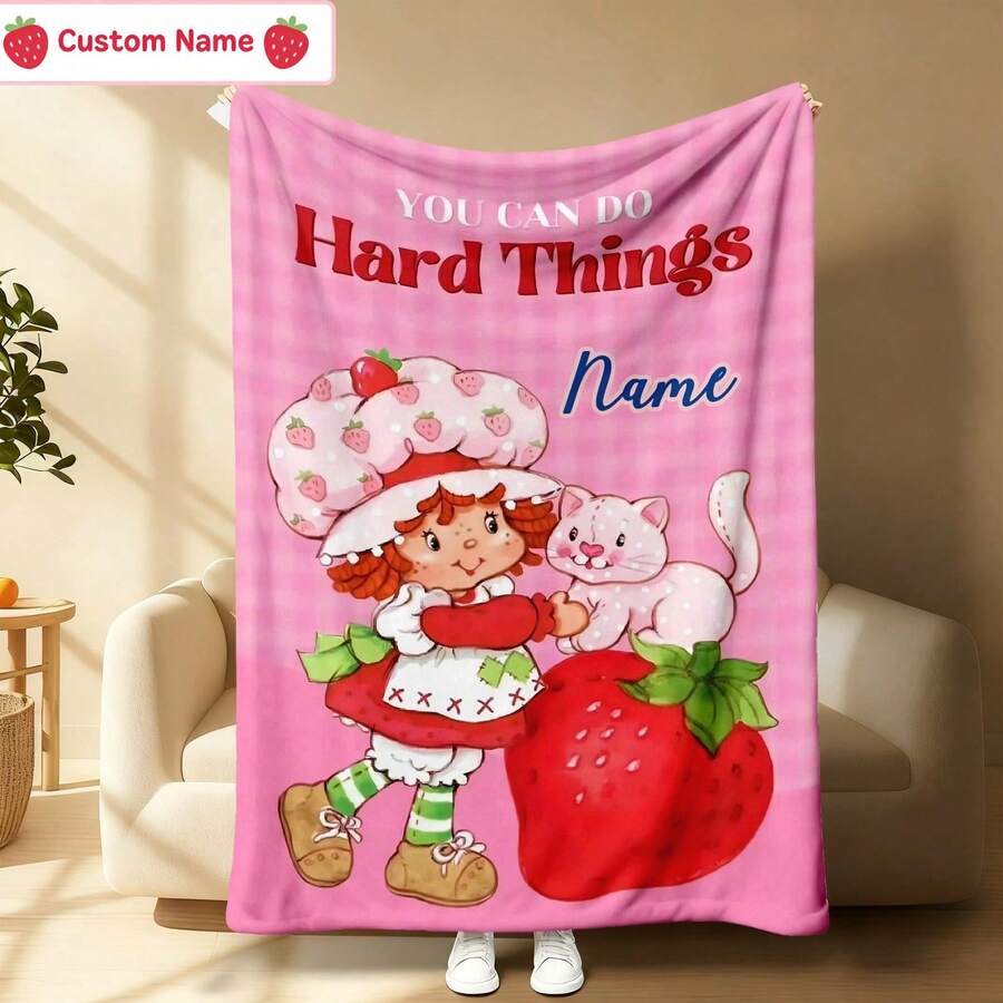 S-Strawberry Pink Shortcake Personalized Flannel Throw Blanket Custom Name Text - Ultra Soft Cozy Warm Plush Lightweight Flannel Blanket For Bed Couch Sofa Living Room Dorm Room Home Decor - Birthday Valentine's Day Christmas Anniversary Housewarming Gift For Women Her Girlfriend Sister Best Friend Fans Strawberry Lovers | Mother's Day Graduation Season | Motivational Gift Idea - Phong cách-12 - Xem 1