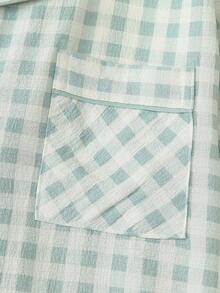 3pcs Set Plaid Print Button-Up Collar Short Sleeve Top And Shorts Pajama Set, Suitable For Home Wear, Spring/Summer - Green - View 5
