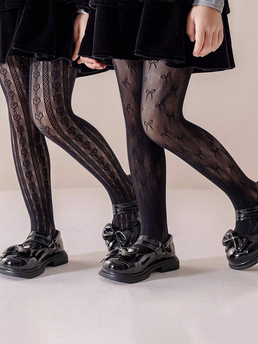 1/2 Pcs Spring/Summer Thin Children/Girls Hollow Heart/Mesh Bow Patterned Black Stockings, Casual Lightweight Breathable Skin-Friendly Leggings, Cute Minimalist Soft Comfortable Versatile Dance Socks, Suitable For Daily Matching, Birthday Party, Dance Performance, Wedding, Everyday Wear - Black - View 1