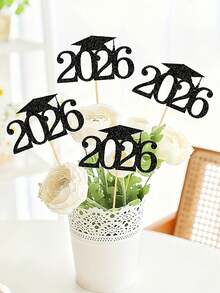 10pcs Graduation Cake Decorations, Fruit Picks, Wine Tags, Featuring Black & Gold Wavy Vase Accents, Includes Graduation Florals, Suitable For 2026 Graduation Ceremony. This Elegant Design Combines Graduation And Numeric Elements. - Multicolor - View 4