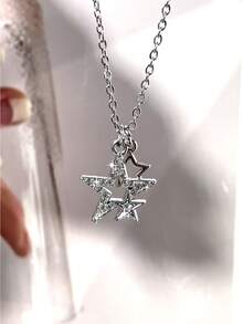 Romantic Star & Moon Rhinestone Pendant Necklace, Silver Color, Fashionable & Unique, Lucky Star Necklace, Suitable For Men And Women, Gift For Valentine's Day, Mother's Day - Silver - View 11