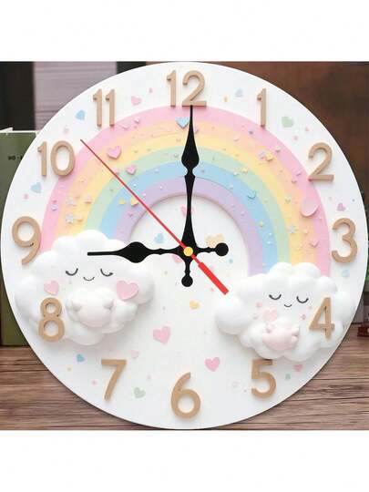Reloj de pared de madera con diseño de sol y arcoíris de dibujos animados, silencioso, ideal para la decoración de la sala de estar, el hogar y la cocina. Perfecto para habitaciones, dormitorios, aulas escolares y espacios con estilo. Funciona con pilas AA. Reloj de pared silencioso.