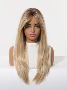 Element Synthetic Fiber Wigs For Women Long Straight Wavy Brown Blonde Wig With Bangs Heat Resistant Fashion Natural Daily Party - Blonde Ombre - View 5