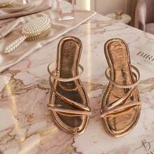 Sadalia rasteira feminina comfortavel com brilho moda elegante luxo - Bronze - Visão 5