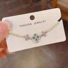 1件精致水晶珍珠四叶草手链，简约奢华锆石百搭可调节金属首饰 - 鋯石四葉花珍珠手鍊 - 查看 6