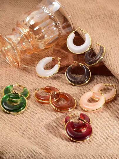 2件套复古树脂U形耳环，小众设计，镀金时尚百搭耳环