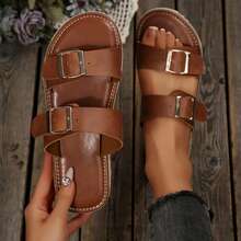 Summer Beach Walking Sandals For Women Flats Dressy Comfortable Flats Slides Buckle Shoes Outdoor Travel - 棕色 - 查看 3