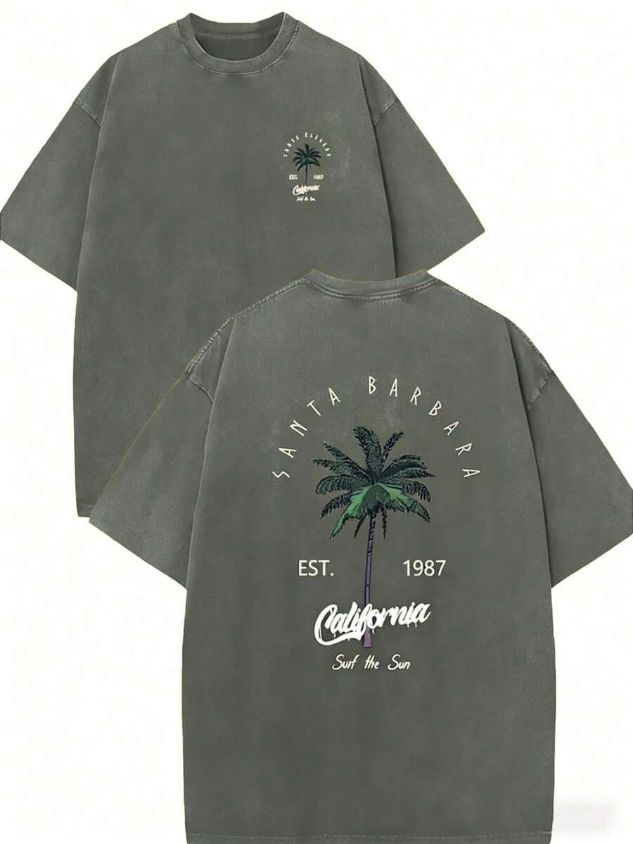 Men's Washed Print Graphic Tees-"Santa Barbara California" Palm Tree Groove Clothing 100% Pure Cotton Double-Sided Printed T-Shirt, Suitable For Men And Women, The Best Gift For Summer Casual Short Sleeved T-Shirt-Streetwear Y2K 100 Percent Cotton Tops, Gifts For Boyfriend And Husband - xanh quân đội - Xem 1