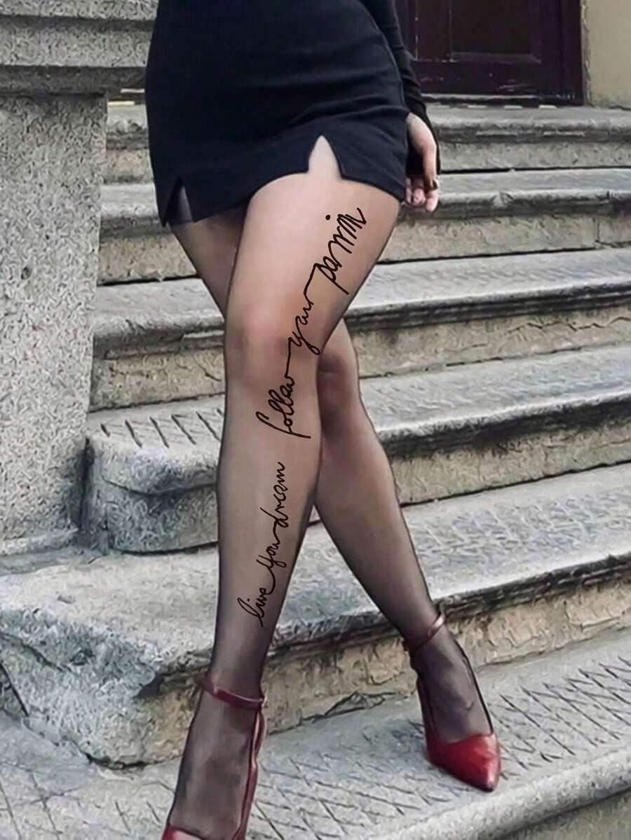 1 Pair Women's Classic Letter Print Tights, Versatile For Commuting/Dating, Retro & Unique Design - Multicolor - View 1