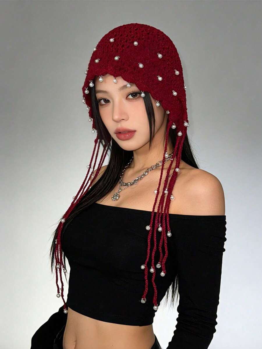 1pc Thick Handmade Crochet Hollow Out Beanie Hat, Warm Knitted Tasseled Cap, Fashion Accessory For Women, Suitable For Winter, Boho, 4th Of July, Mother-Daughter Outfit, Halloween, Vacation - Đỏ - Xem 1